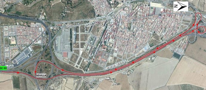 Itinerario alternativo para el tráfico procedente de la SE-30 Sur con destino a Sevilla Centro.