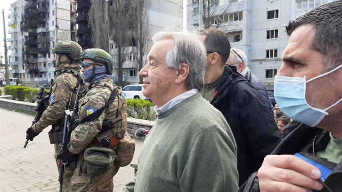 El secretario general de Naciones Unidas, António Guterres, durante su visita a la capital de Ucrania, Kiev