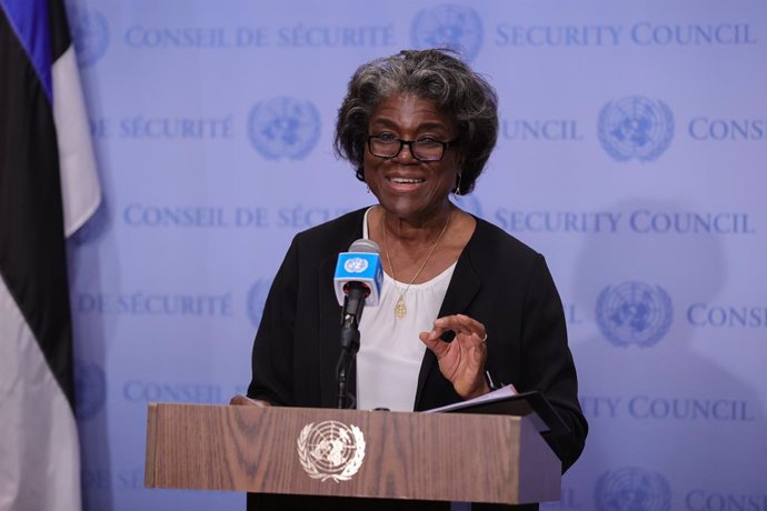 Archivo - 06 July 2021, US, New York: Linda Thomas-Greenfield, US Ambassador to the United Nations, speaks to the media during a press conference on the Security Council meeting on Syria at the UN Headquarters. Photo: Luiz Rampelotto/ZUMA Wire/dpa