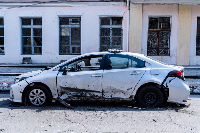 April 21, 2022, Mykolaiv, Mykolaiv's Oblast, Ukraine: Car destroyed by clusters bombs after last night's bombing in Mykolaiv in Ukraine on April 21, 2022.,Image: 684928028, License: Rights-managed, Restrictions: , Model Release: no, Credit line: Vincenz