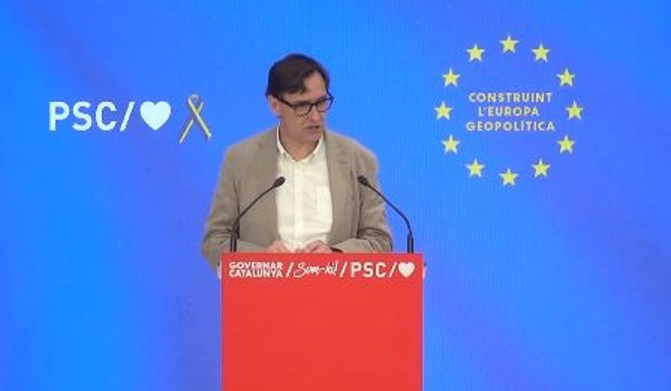 El primer secretario del PSC, Salvador Illa, durante su intervención en el acto del PSC 'Construyendo la Europa Geopolítica'