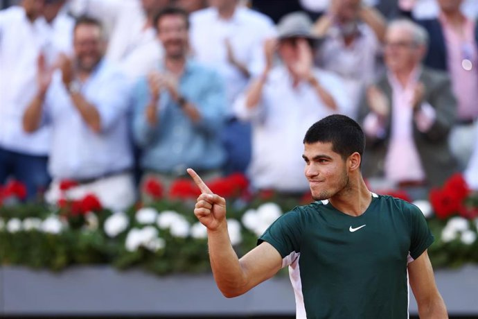 Carlos Alcaraz of Spain reacts after winning against Alexander Zverev of Germany during the Final ATP match during the Mutua Madrid Open 2022 celebrated at La Caja Magica on May 08, 2022, in Madrid, Spain.