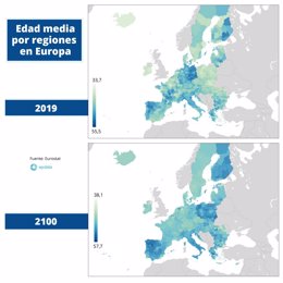 Edad media por regiones en Europa en 2019 y estimación para 2100 según Eurostat