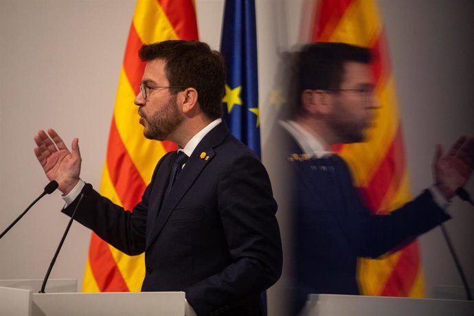 El presidente de la Generalitat, Pere Aragons, interviene en un acto para conmemorar el Día de Europa, a 9 de mayo de 2022, en Barcelona, Cataluña (España). Esta semana dan comienzo en toda España las actividades para conmemorar el Día de Europa, que s