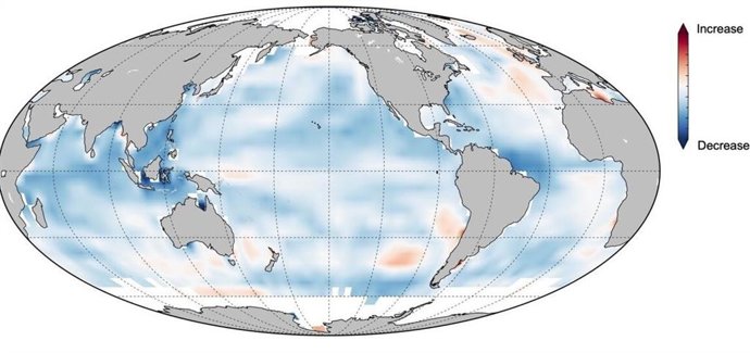 Memoria oceánica en declive entre el presente y el final del siglo XXI: el azul indica disminución, el rojo indica aumento en la memoria.