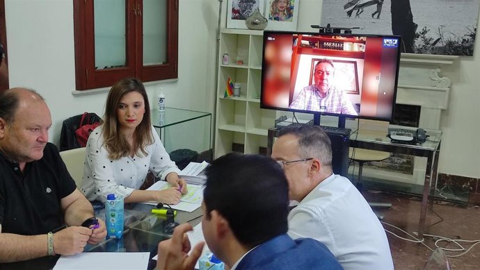 Imagen de este lunes de la reunión del PSOE con UGT y CCOO sobre el Infoca, con la participación telemática del secretario general, Juan Espadas.
