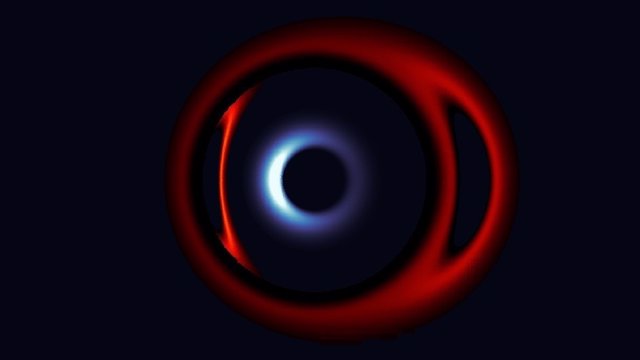 En esta simulación de la fusión de un agujero negro supermasivo, el agujero negro desplazado hacia el azul más cercano al espectador amplifica el agujero negro desplazado hacia el rojo en la parte posterior a través de lentes gravitacionales.