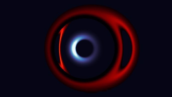 En esta simulación de la fusión de un agujero negro supermasivo, el agujero negro desplazado hacia el azul más cercano al espectador amplifica el agujero negro desplazado hacia el rojo en la parte posterior a través de lentes gravitacionales.