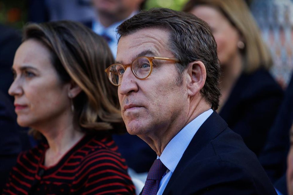 El presidente nacional del PP, Alberto Núñez Feijóo, participa en un acto organizado por el PP para conmemorar el Día de Europa y el LXXII aniversario de la Declaración Schuman, a 9 de mayo de 2022, en Madrid (España). 