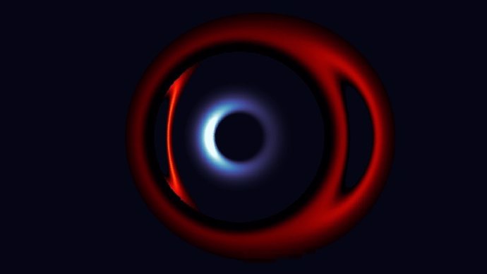 En esta simulación de la fusión de un agujero negro supermasivo, el agujero negro desplazado hacia el azul más cercano al espectador amplifica el agujero negro desplazado hacia el rojo en la parte posterior a través de lentes gravitacionales.