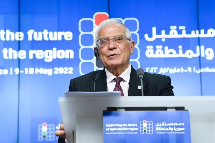 HANDOUT - 10 May 2022, Belgium, Brussels: European Union High Representative for Foreign Affairs and Security Policy Josep Borrell holds a press conference on the sidelines of the 2022 Brussels conference on Supporting the future of Syria and the region