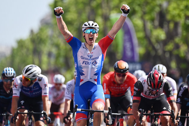 French cyclist Arnaud Demare of Team Groupama-FDJ celebrates winning the fifth stage of the 105th edition of the Giro d'Italia cycling race, 174 kilometers from Catania to Messina.