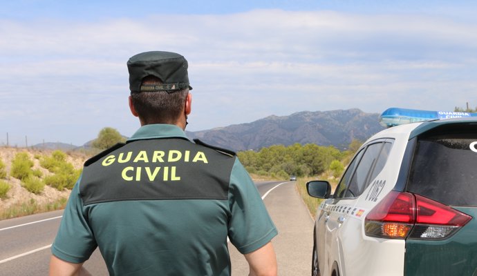Un agente de la Guardia Civil junto a un vehículo en una carretera.