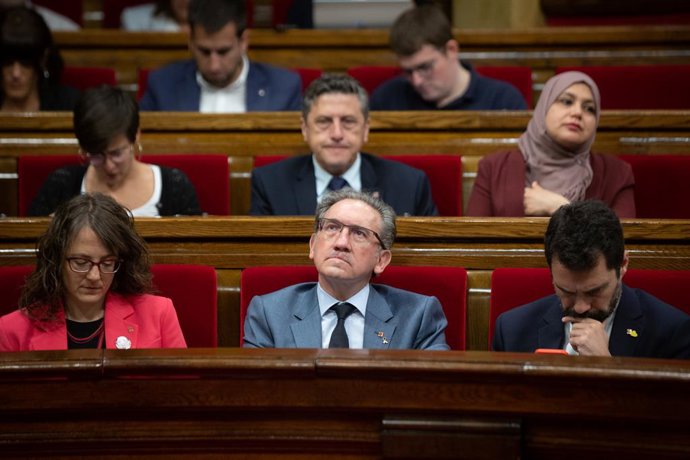 (E-D) La consellera d'Igualtat i Feminismes, Tnia Verge; el conseller d'Economia, Jaume Giró, i el conseller d'Empresa i Treball de la Generalitat, Roger Torrent