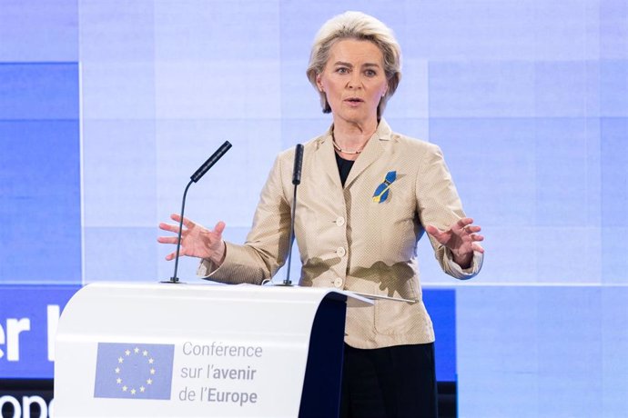 HANDOUT - 09 May 2022, France, Strasbourg: European Commission President Ursula von der Leyen delivers a speech at the closing event of the Conference on the Future of Europe at the EU Parliament in Strasbourg. Photo: Mathieu Cugnot/EU Parliament/dpa - 