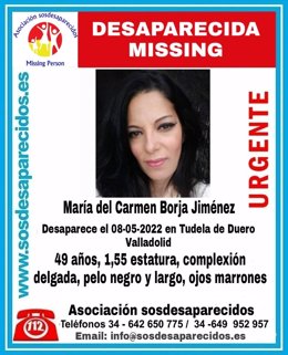 Cartel de SOS Desaparecidos para pedir ayuda en la búsqueda de María del Carmen Borja Jiménez.