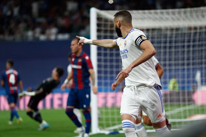 Karim Benzema of Real Madrid celebrates a goal during the Spanish League, La Liga Santander, football match played between Real Madrid and Levante UD at Santiago Bernabeu stadium on May 12, 2022, in Madrid, Spain