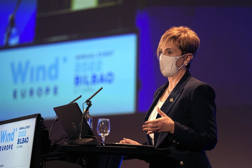 Archivo - La consejera de Desarrollo Económico, Sostenibilidad y Medio Ambiente del Gobierno Vasco, Arantxa Tapia, interviene en WindEurope Annual Event 2022, en Bilbao Exhibition Centre, a 5 de abril de 2022, en Barakaldo, Vizcaya, Euskadi (España).