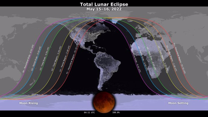 Franja donde será visible el eclipse total de Luna del 15-16 de mayo de 2022