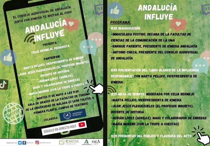 Programa de la jornada 'Andalucía influye', que se celebrará en Málaga a través del Consejo Audiovisual de Andalucía el próximo martes 17 de mayo