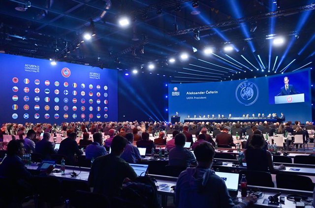 11 May 2022, Austria, Vienna: UEFA President Aleksander Ceferin, speaks during the 46th Ordinary UEFA Congress in Vienna. Photo: Hans Punz/APA/dpa