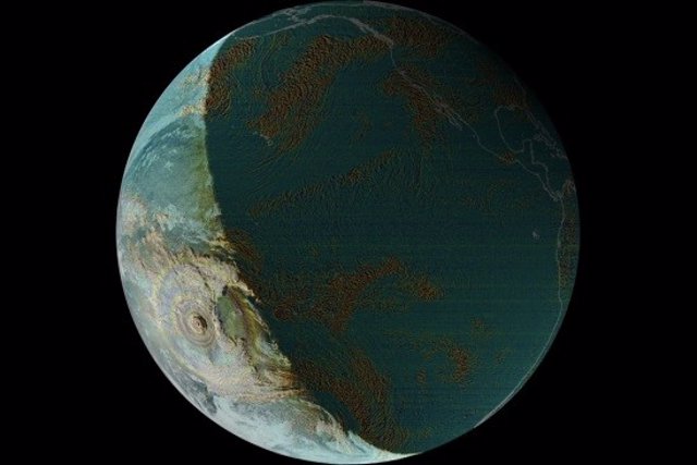 Justo antes de que el anochecer llegara a Tonga, la erupción de Hunga (abajo a la izquierda) envió ondas atmosféricas por todo el mundo.