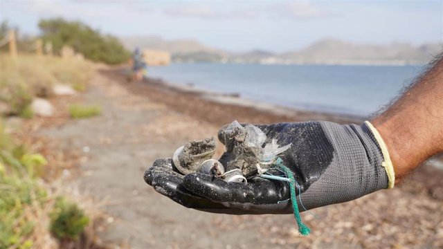 Un voluntario retira residuos de una playa.