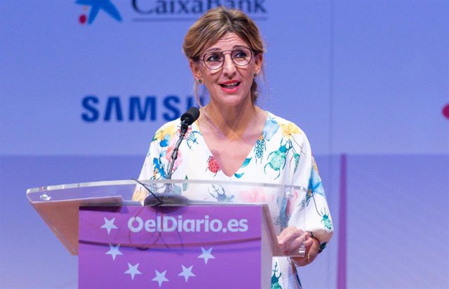 La vicepresidenta segunda y ministra de Trabajo y Economía Social, Yolanda Díaz, en la segunda edición de las Jornadas de Fondos Europeos de Recuperación, este 12 de mayo de 2022 en Madrid