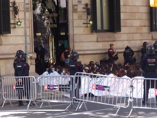 Els Mossos d'Esquadra aixequen un manifestant que protesta per la sentència del 25% davant la Delegació del Govern central a Catalunya.