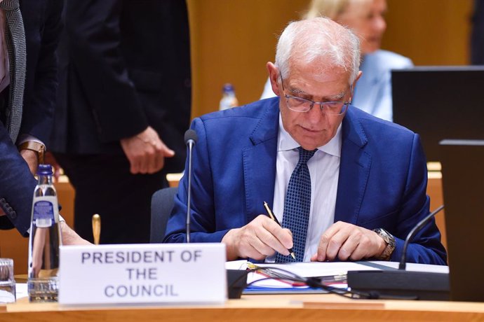 HANDOUT - 16 May 2022, Belgium, Brussels: Josep Borrell Fontelles, High Representative of the Union for Foreign Affairs and Security Policy, attends the EU Foreign Affairs Council at the EU Council building. Photo: Gaetan Claessens/EU Council/dpa-mag - 