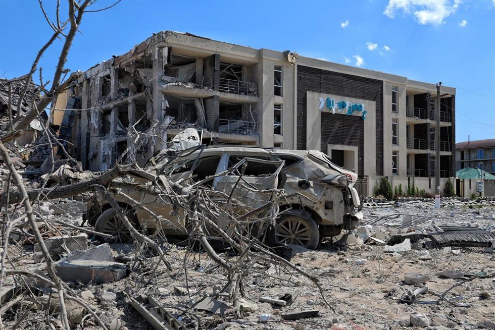 16 May 2022, Ukraine, Odesa: A view of a destroyed building that was damaged as a result of the shelling of the Russian army. Photo: -/Ukrinform/dpa