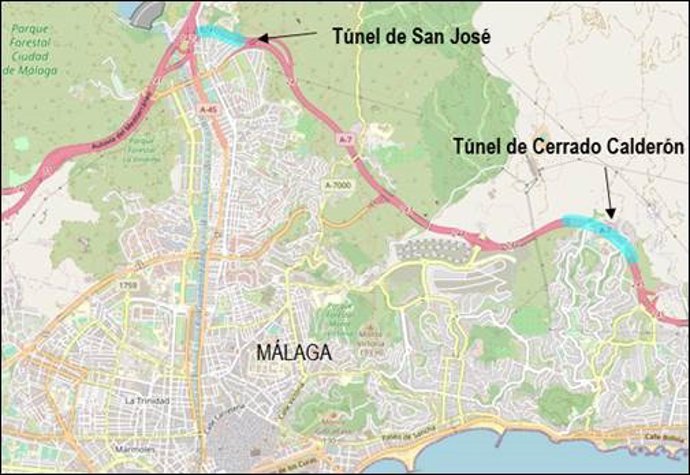 Mapa con los túneles de Sna José y Cerrado Calderón de la A-7