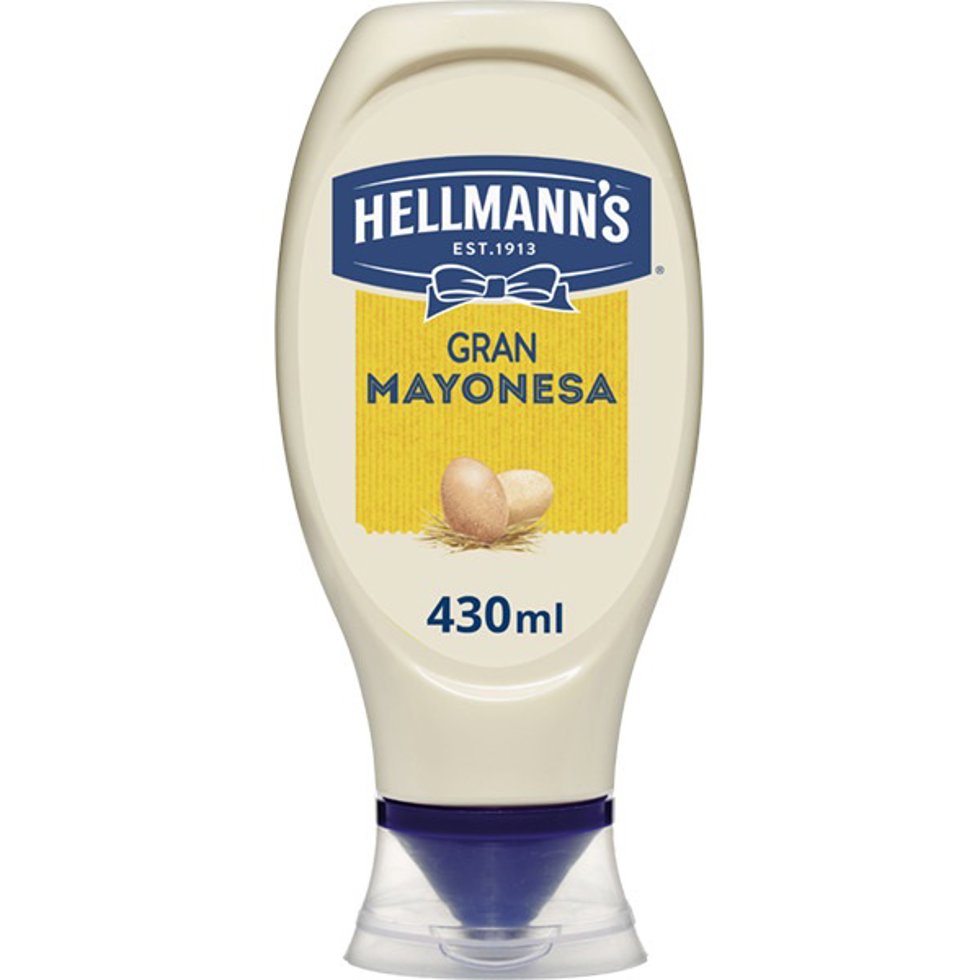 Envase de mahonesa Hellmann's, realizado con plástico 100 por 100 reciclado.