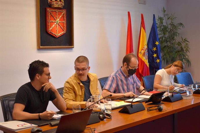 El presidente del Consejo de la Juventud de Navarra, Guillermo Bergantiños, el vicepresidente, Pablo Lanaspa, y la vocal de la comisión permanente Valentina Holguín, en el Parlamento de Navarra.