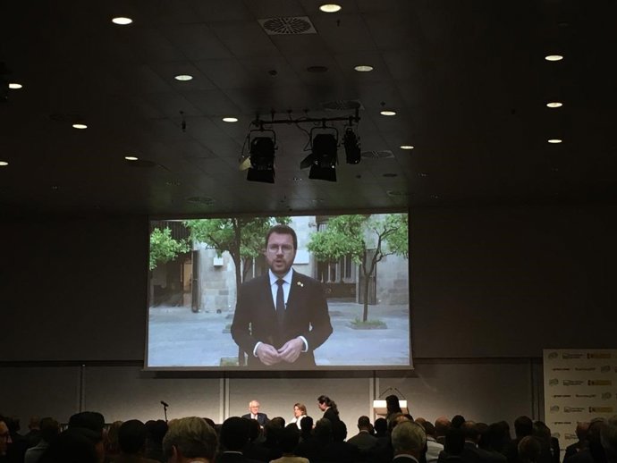 El president de la Generalitat, Pere Aragons, durant la seva intervenció en el Green Hydrogen Global Assembly and Exhibition 2022