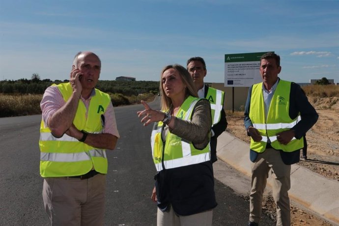 La consejera de Fomento, Marifrán Carazo, en la carretera A-8061 de acceso a Pilas desde la A-49.
