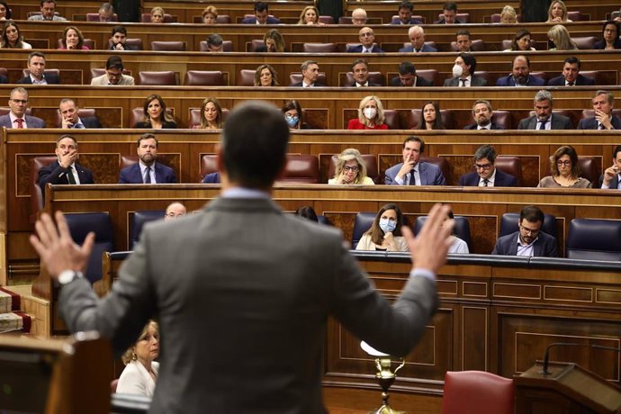 El presidente del Gobierno, Pedro Sánchez, ante la bancada del PP 