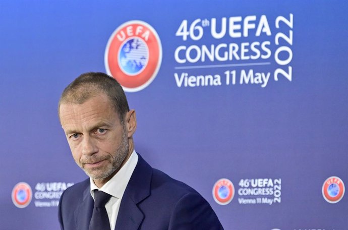 11 May 2022, Austria, Vienna: UEFA President Aleksander Ceferin speaks during the 46th Ordinary UEFA Congress in Vienna. Photo: Hans Punz/APA/dpa