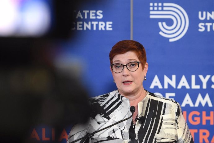 Foreign Minister Marise Payne addresses The United States Studies Centre at the University of Sydney in Sydney, Thursday, April 28, 2022. (AAP Image/Dan Himbrechts) NO ARCHIVING