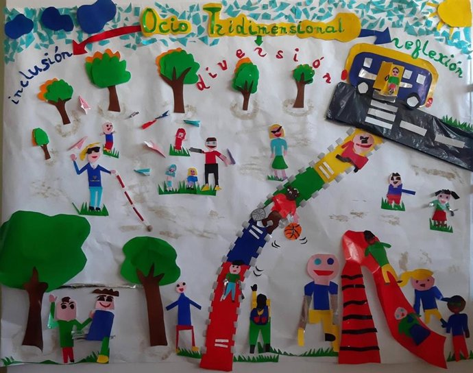 El cartel diseñado por los escolares de Primaria del CEIP Nicomedes Sanz, de Santovenia de Pisuerga (Valladolid), con el Trabajo Ocio Tridimensional, ganador en la categoría A del 38 Concurso Escolar del Grupo Social ONCE