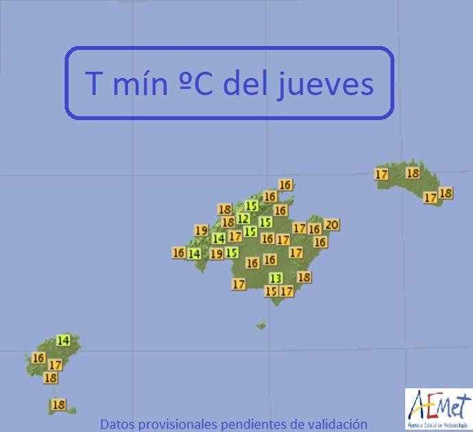 Temperaturas mínimas del jueves en Baleares.