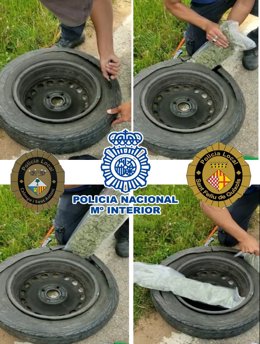 Marihuana interceptada en el interior de una rueda de repuesto de un vehículo en Girona y que iba con destino a Francia. 