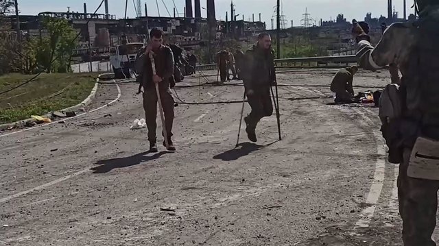 May 18, 2022, Mariupol, Donetsk Oblast, Ukraine: VIDEO AVAILABLE: CONTACT INFO@COVERMG.COM..This footage, released by the Russiaâ€s Ministry of Defence shows the surrender of more defenders leaving Mariupolâ€s Azovstal steelworks on Wednesday (18May2022