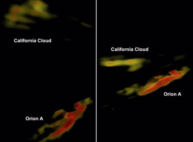 La forma de las nubes de California y Orión A desde dos perspectivas diferentes con una resolución espacial de 15 años luz. Los colores indican densidad, con colores rojos que representan valores más altos.