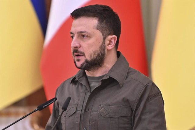 08 May 2022, Ukraine, Kiev: Ukrainian President Volodymyr Zelensky speaks during a press conference with Canadian Prime Minister Justin Trudeau (Not Pictured) after their meeting at the Presidential Administration Building. Photo: -/Planet Pix via ZUMA Pr