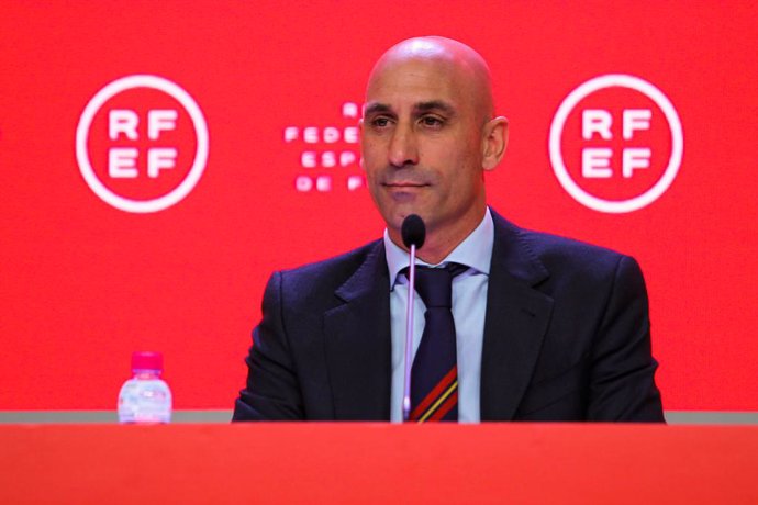 Luis Rubiales, President of RFEF (Real Spanish Soccer Federation) and Andreu Camps i Povill, General Secretary of RFEF (Real Spanish Soccer Federation) during press conference at Ciudad del Futbol on April 20, 2022 in Las Rozas, Madrid, Spain.