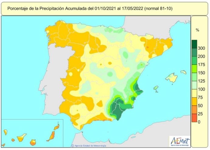 Lluvias acumuladas en España del 1 de octubre de 2021 al 17 de mayo de 2022.