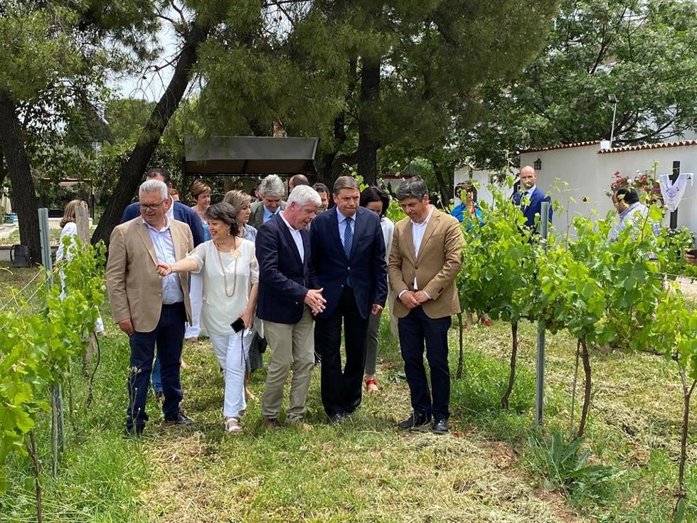 Planas (2 dcha.) recorre las viñas de las Bodegas Robles.