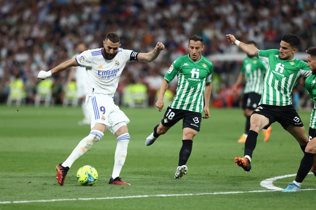 Karim Benzema of Real Madrid in action during the spanish league, La Liga Santander, football match played between Real Madrid and Real Betis Balompie at Santiago Bernabeu stadium on May 20, 2022, in Madrid Spain.