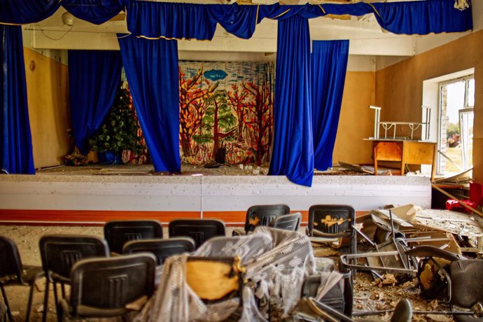 May 13, 2022, Vil'khivka, Ukraine: The interior of the Vil'khivka school, completely destroyed by artillery shells, site of battle between Russian and Ukrainian soldiers. Russia invaded Ukraine on 24 February 2022, triggering the largest military attack